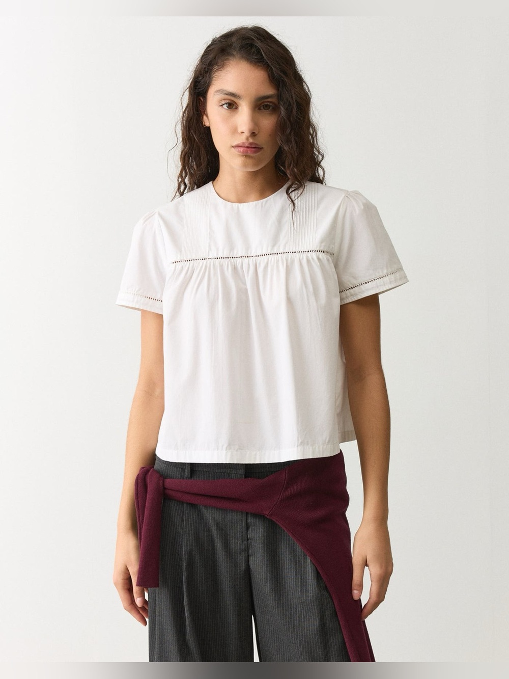 Cream Pintuck Short Sleeve 100% Cotton Blouse - XL